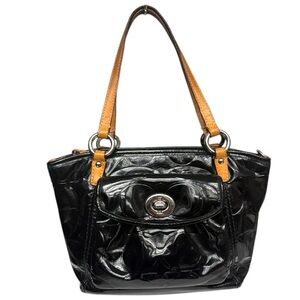Vintage Coach Black Patent Leather Signature Tote Bag Tan Leather Handles